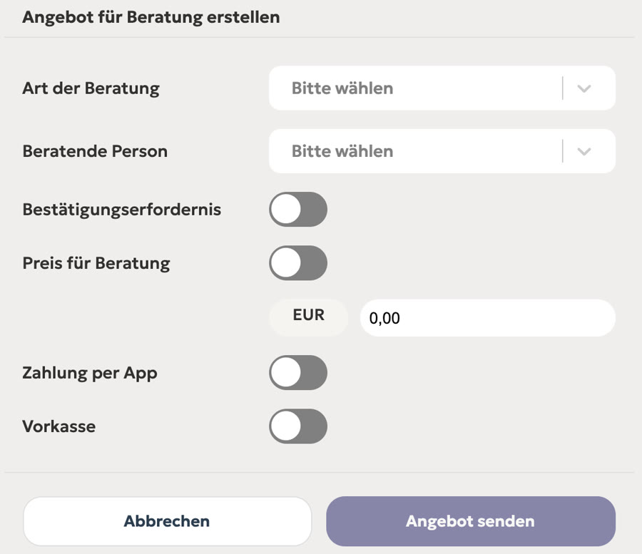 Formular „Angebot für Beratung erstellen“ mit Art der Beratung, beratender Person, Preis, Zahlung per App und Vorkasse