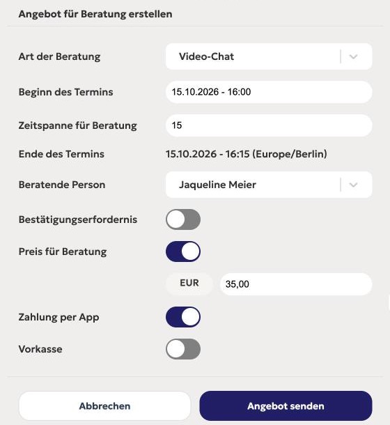 Formular „Angebot für Beratung erstellen“ mit Preis 35,00 Euro, Zahlung per App an und Vorkasse aus