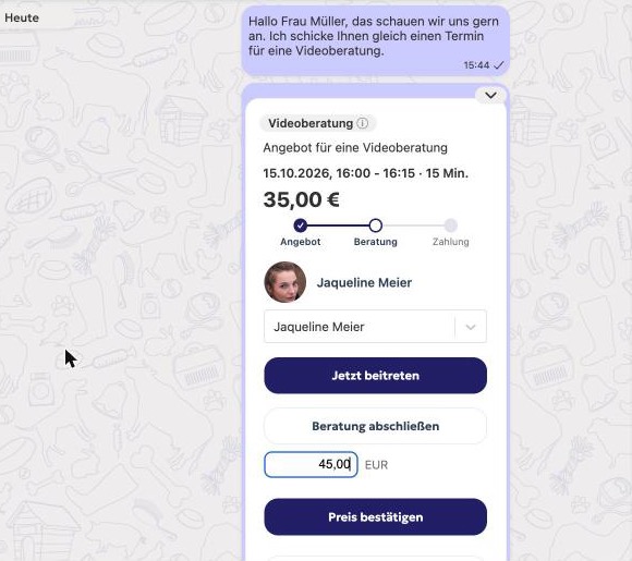 Preisfeld auf der Terminkarte mit 45,00 Euro und dem Knopf „Preis bestätigen“