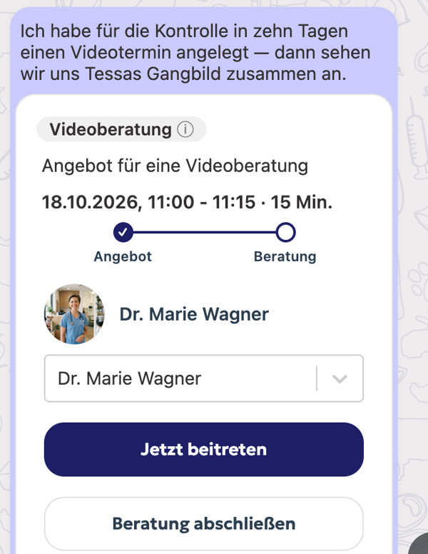 Angebot für eine Videoberatung im Chat mit dem Knopf „Jetzt beitreten“