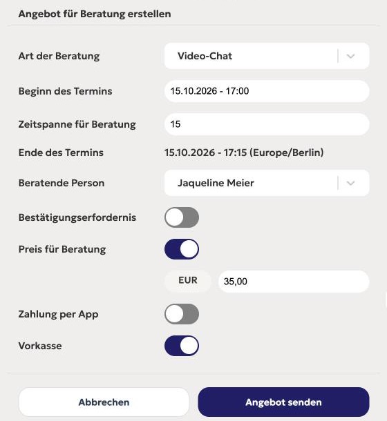 Formular „Angebot für Beratung erstellen“ mit Preis 35,00 Euro und eingeschalteter Vorkasse