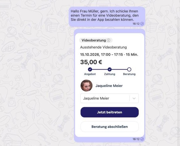 Bezahlte Terminkarte: Angebot und Zahlung abgehakt, Knöpfe „Jetzt beitreten“ und „Beratung abschließen“