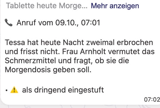 Ein Anruf in der App: Nora hat das Anliegen zusammengefasst und als dringend eingestuft
