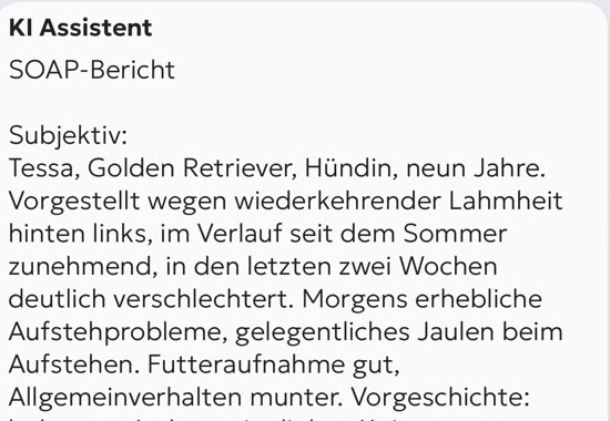 Vom KI-Assistenten erstellter SOAP-Bericht, beginnend mit dem subjektiven Teil