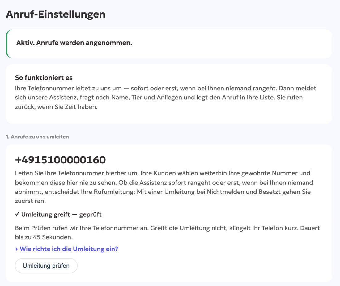 Anrufeinstellungen: Statuskarte, Nummer für die Umleitung und Knopf „Umleitung prüfen“