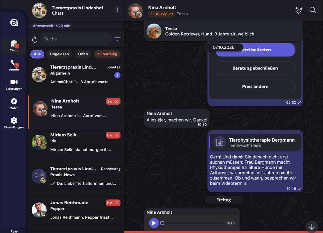 AnimalChat Business im Darkmode