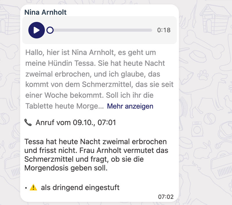 Ein Anruf im Chat: Aufnahme, Wortlaut, Zusammenfassung und Hinweis „als dringend eingestuft“