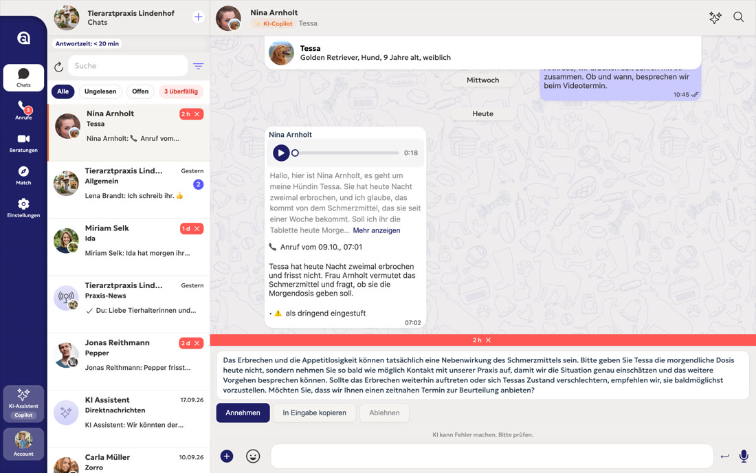 Die Web-App von AnimalChat Business: Chatliste links, geöffneter Chat mit einem Anruf rechts