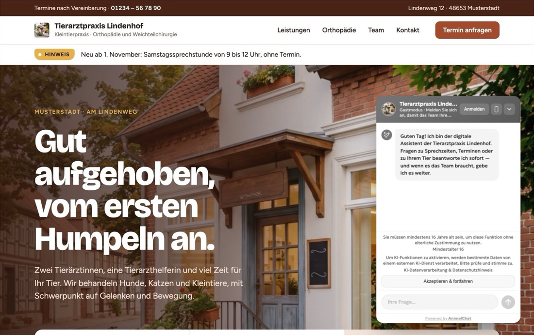 Das geöffnete AnimalChat-Widget auf einer Praxis-Website