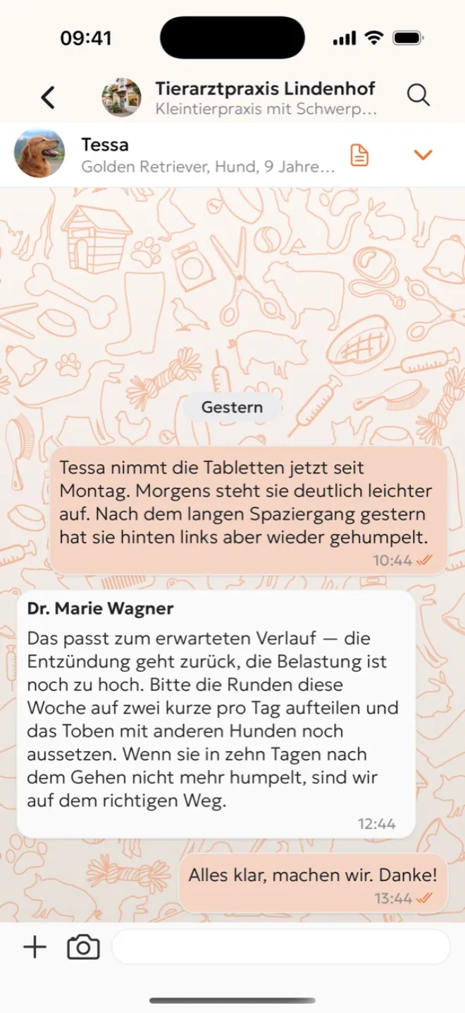 Dieselbe Unterhaltung in der Tierhalter-App: Chat mit der Tierarztpraxis Lindenhof über Tessa.