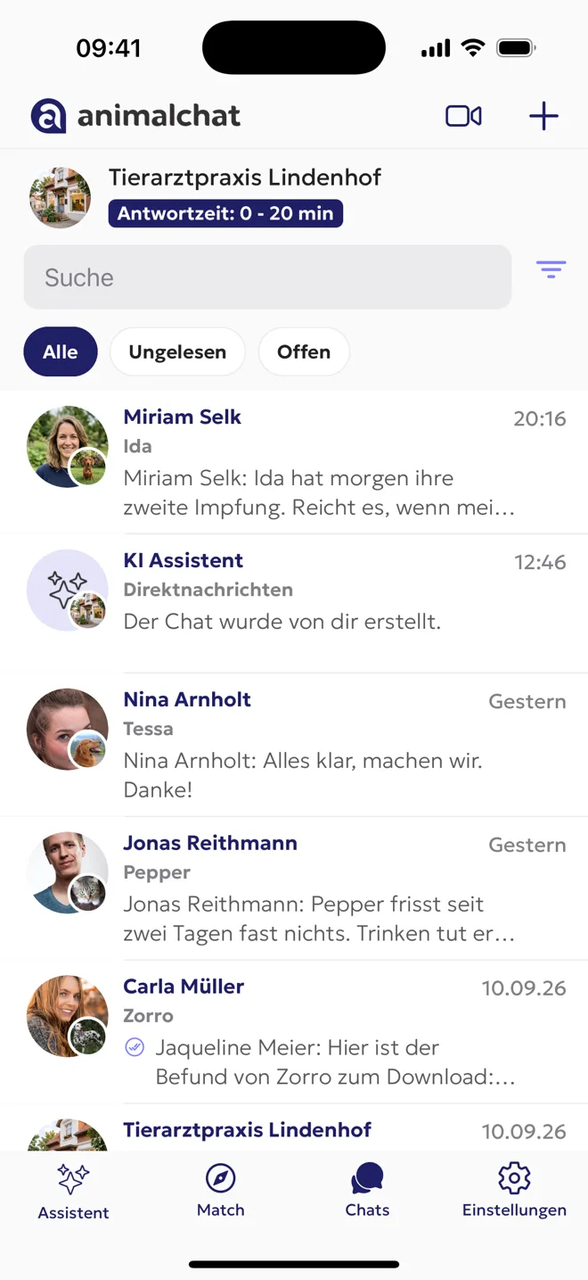 Posteingang in AnimalChat Business: Unter jedem Halter steht der Name seines Tieres.