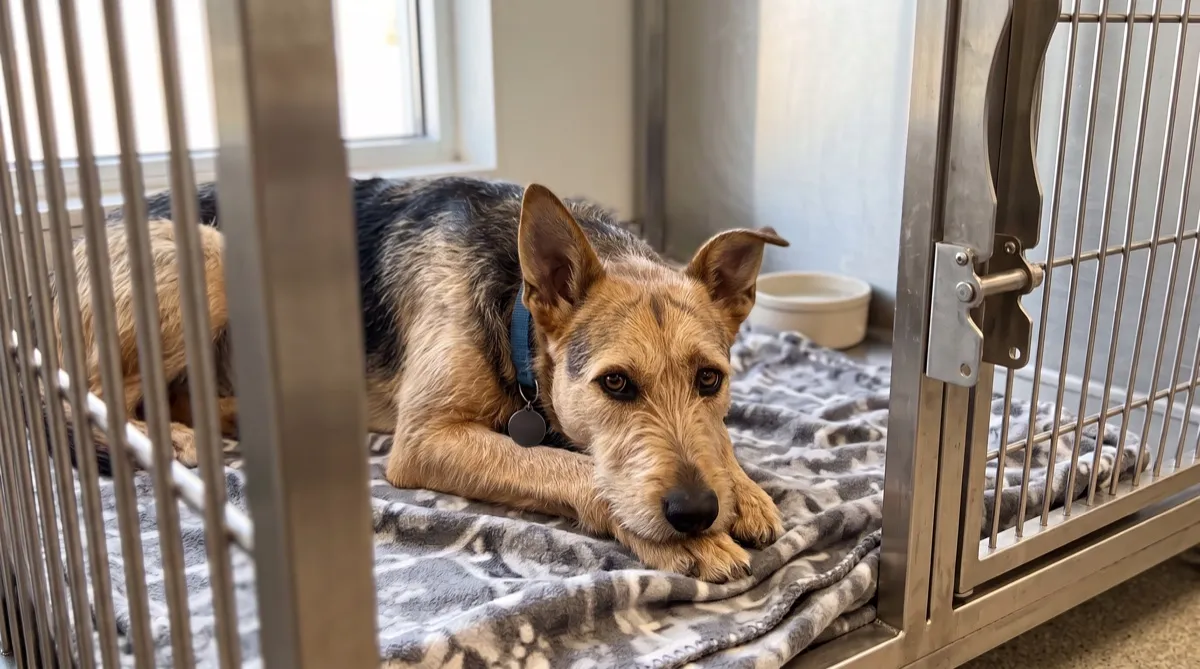 Ein ruhig liegender Hund auf einer Decke in einer Klinikbox, Morgenlicht durchs Fenster.